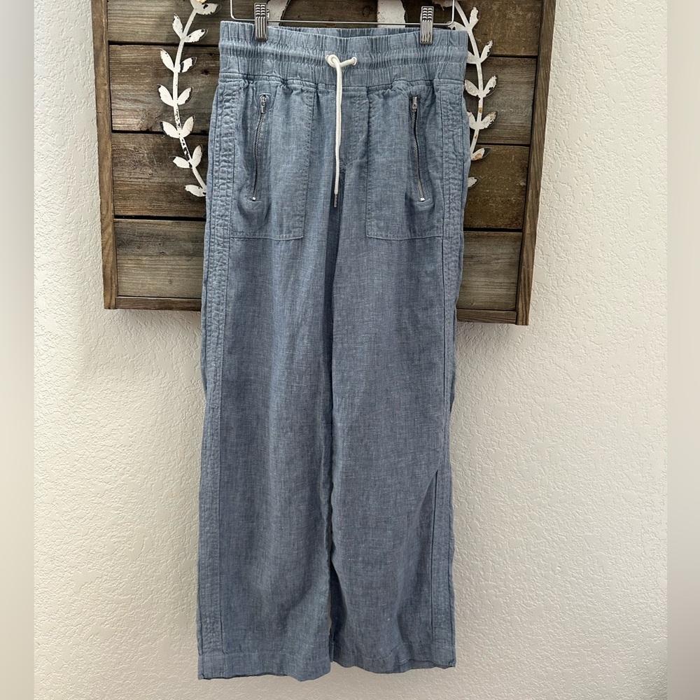 Athleta cabo linen wide‎ leg pants blue elastic waist ladies size 2